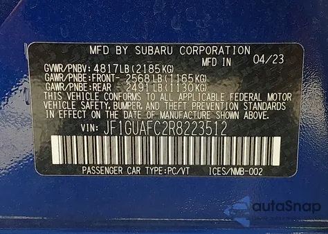 2024 Subaru Impreza Sport 5-Door из США, поврежденный, VIN JF1GUAFC2R8223512